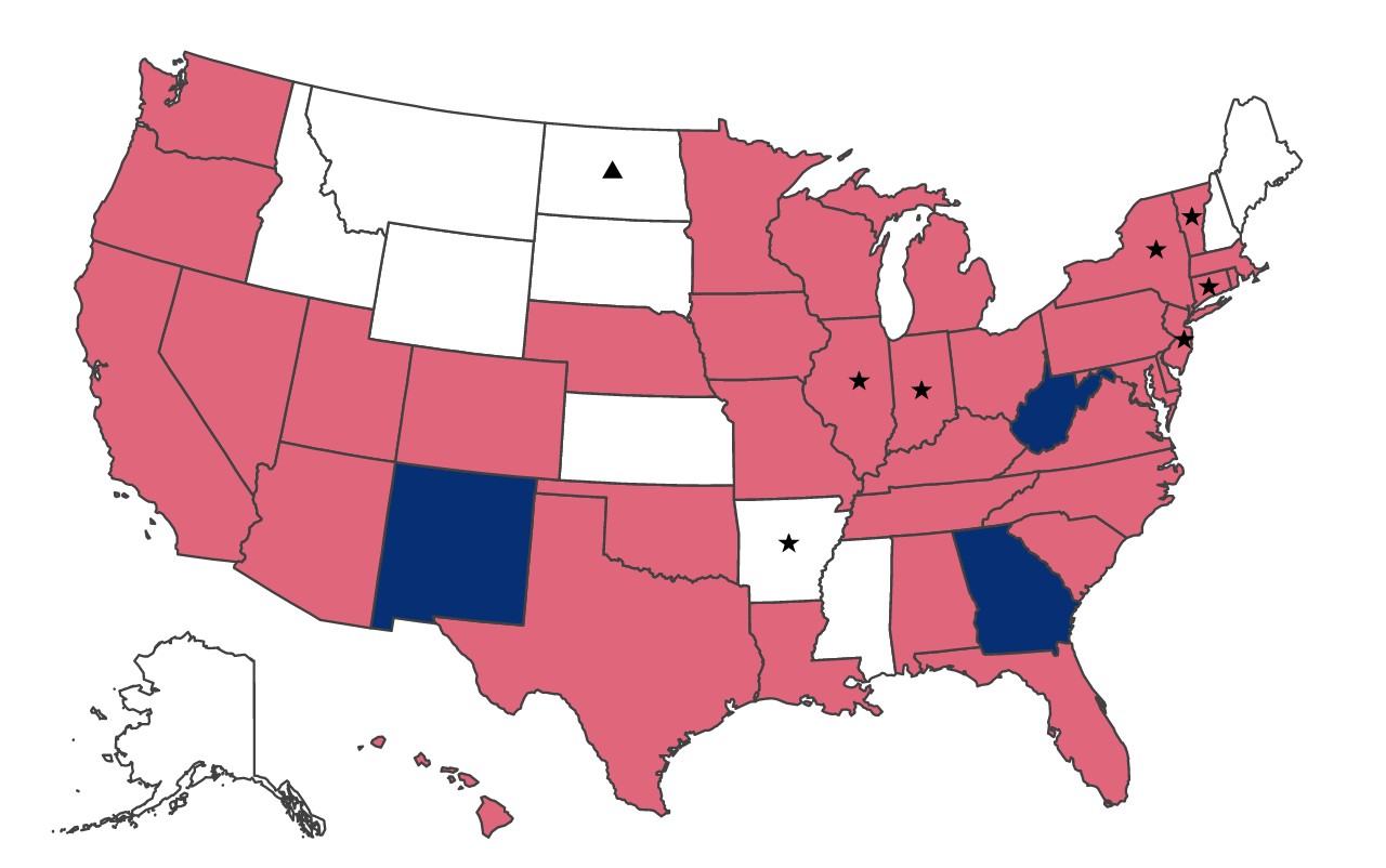 Density reporting map: most states pink for enacted law, New Mexico, West Virginia and Georgia blue, a few states white